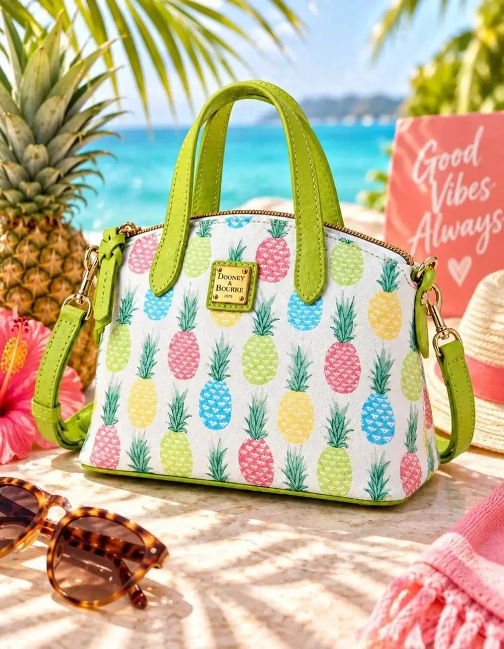 Dooney & Bourke Pineapple Satchel Crossbody Bag Lime Green Multicolor Tropical